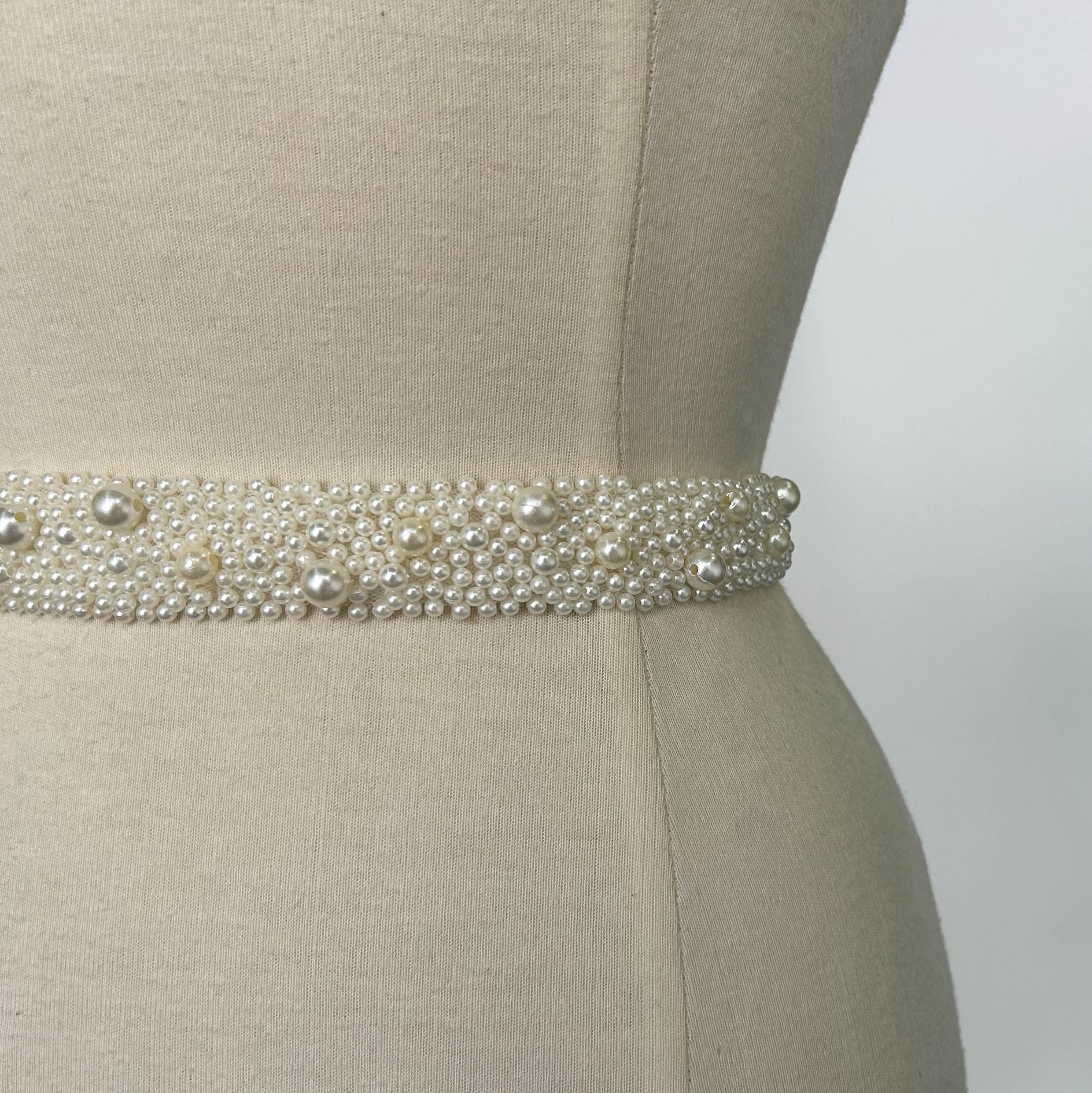 Boho Pearls & Crystal Leaves Hand Wired Floral Vine Bridal Belt on Ivory Ribbon 4663BT-I-S