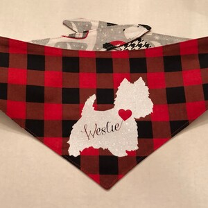 Personalized Westie Dog Bandana: Reversible West Highland Terrier Buffalo Plaid Neckwear Gift