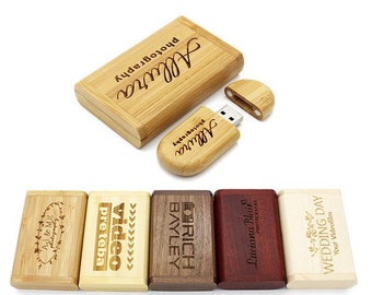 USB-Stick mit Gravur 32 / 64 GB + Geschenkbox Holz Eheringe Hochzeit Wunschtext Liebe personalisiert