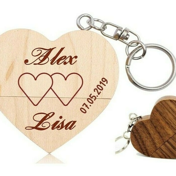 Herz USB-Stick 32 / 64 GB + Gravur Wunschtext Holz Hochzeit Liebe personalisiert