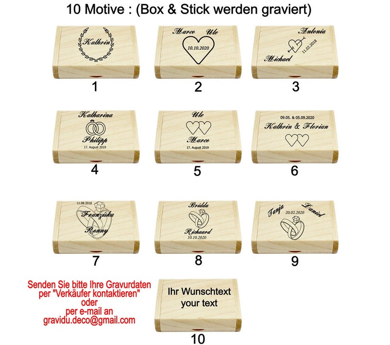 USB-Stick mit Gravur 32 / 64 GB Geschenkbox Holz Eheringe Hochzeit Wunschtext Liebe personalisiert Bild 2