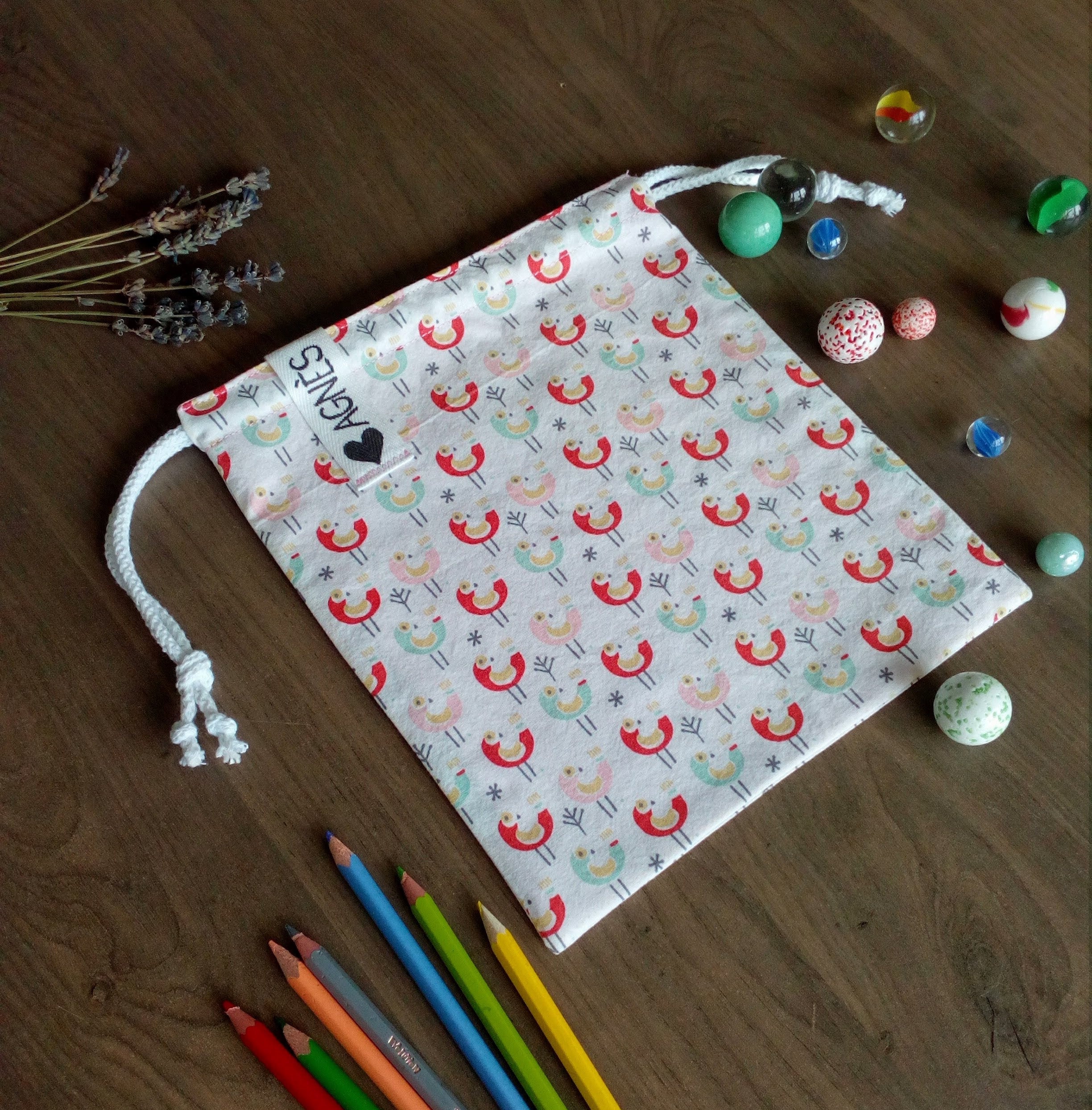 Sac/Pochon en Tissu avec Doublure/Motif d'oiseau