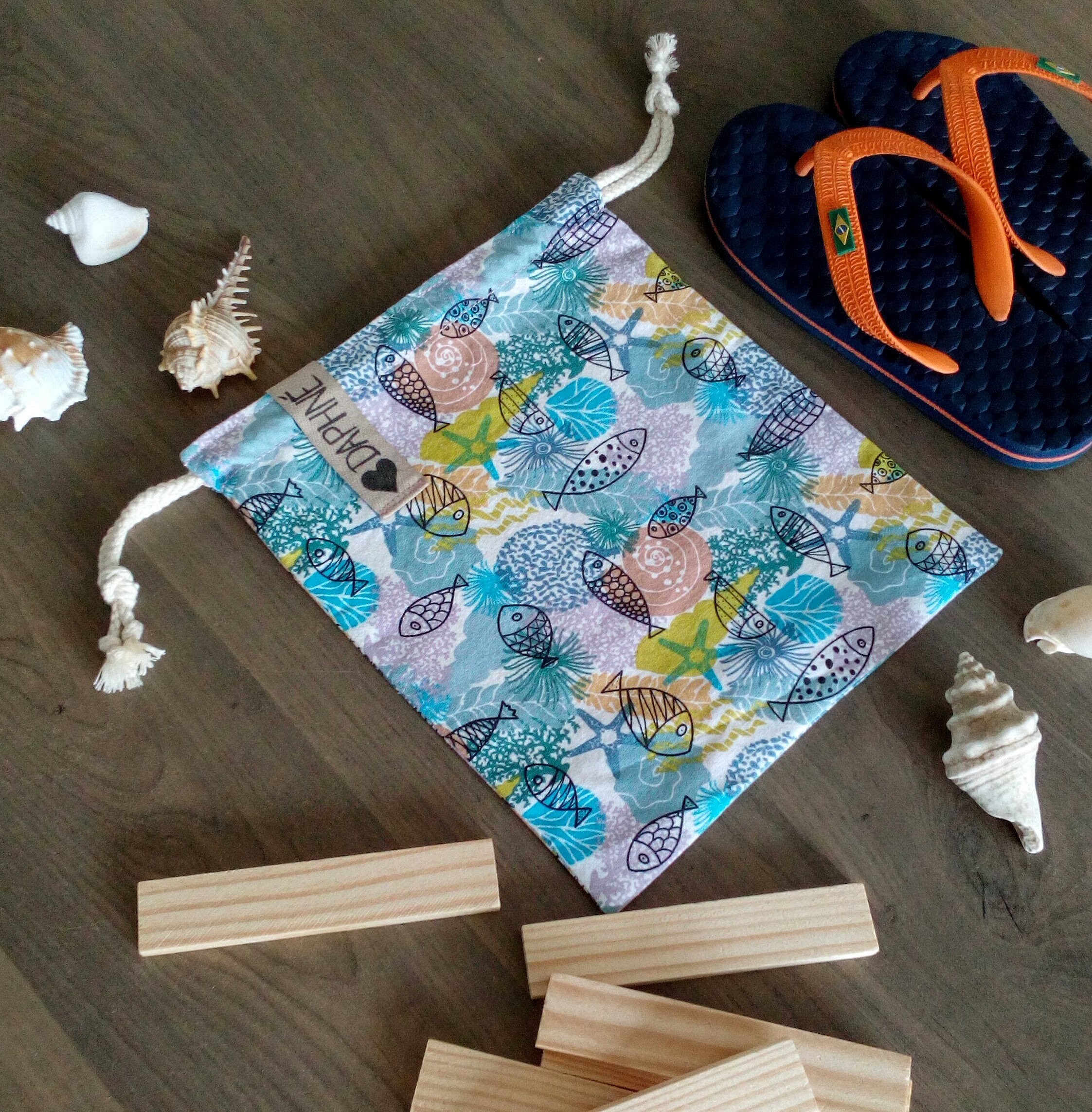 Sac/Pochon en Tissu avec Doublure/Motif de Poisson.