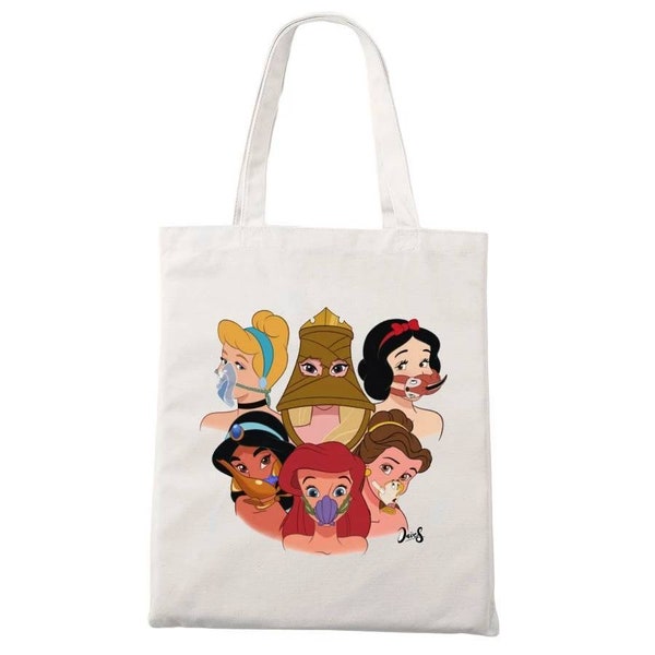 tote bag sac en tissu drôle princesse Disney Blanche-Neige  la belle au bois formant Jasmine Cendrillon la petite sirène masque quarantaine