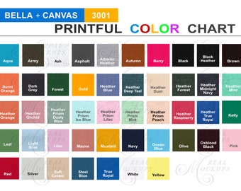 Afdrukzame kleuren voor Bella Canvas 3001 - Afdrukkleurgrafiek - JPG- en PNG-transparant achtergrondkleurendiagram