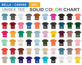May include: Color chart showing 50 different colors of Bella + Canvas 3001 unisex t-shirts. The chart is organized in rows of five shirts each.