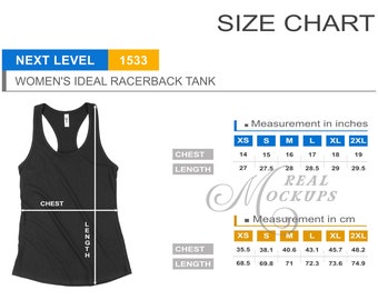 May include: A size chart for a racerback tank top. The chart shows measurements in inches and centimeters for chest and length in sizes XS, S, M, L, XL, and 2XL.