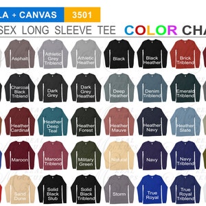 Bella Canvas 3501 Color Chart | Unisex Long Sleeve Color Chart | Best Color Chart | JPG and PNG Transparent Background Color Guide