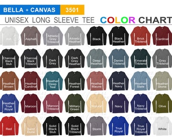 Bella Canvas 3501 Kleurendiagram | Unisex Long Sleeve Kleurengrafiek | Beste kleurengrafiek | JPG en PNG Transparante achtergrondkleurgids