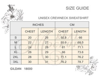 Puede incluir: Tabla de tallas para una sudadera con cuello redondo unisex, que muestra las medidas de pecho y longitud en pulgadas y centímetros para las tallas S, M, L, XL, 2XL y 3XL. La tabla también incluye el nombre de la marca "GILDAN" y el número de estilo "18000".