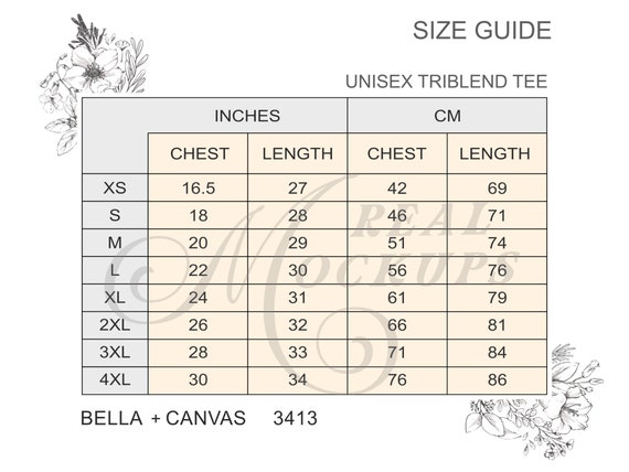 unisex bella canvas size chart