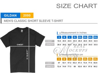 May include: Size chart for a Gildan 2000 men's classic short sleeve t-shirt. The chart shows measurements in inches and centimeters for chest and length in sizes S through 5XL.