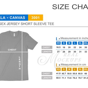 Bella Canvas 3001 Unisex Tee Size Chart - T-Shirt Size Guide