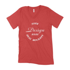 Red Bella Canvas 3005 Mockup White Background | Unisex V-Neck Tee Mock Up | Best Mock Up | Flat Lay Mockup Display | Unisex Mock-Up