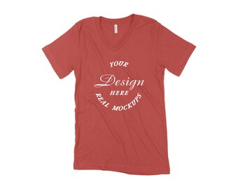 Red Bella Canvas 3005 Mockup White Background | Unisex V-Neck Tee Mock Up | Best Mock Up | Flat Lay Mockup Display | Unisex Mock-Up