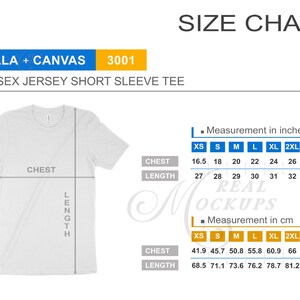 Bella Canvas 3001 Unisex Tee Size Chart - Bella Canvas Size Guide