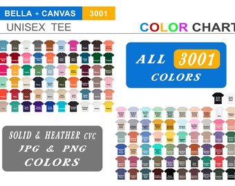 Bella Canvas 3001 ソリッドとヘザー CVC カラーチャート | Bella Canvas 2020 のすべての色 | JPG および PNG 透明背景 | ベスト カラーチャート