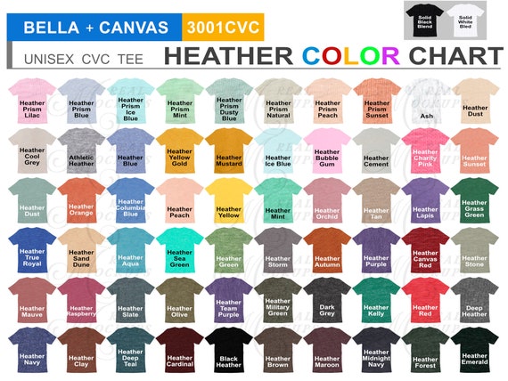 Bella Canvas 3001cvc Heather Color Chart All Cvc Colors Etsy