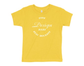 Yellow Bella Canvas 3001T Mockup White Background | Toddler T‑Shirt Mock Up | Best Mock Up | Flat Lay Designs Display | Kids Mock Up