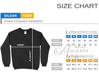 May include: Size chart for a Gildan 18000 unisex crewneck sweatshirt. The chart shows measurements in inches and centimeters for chest and length in sizes small, medium, large, extra large, 2XL, and 3XL.