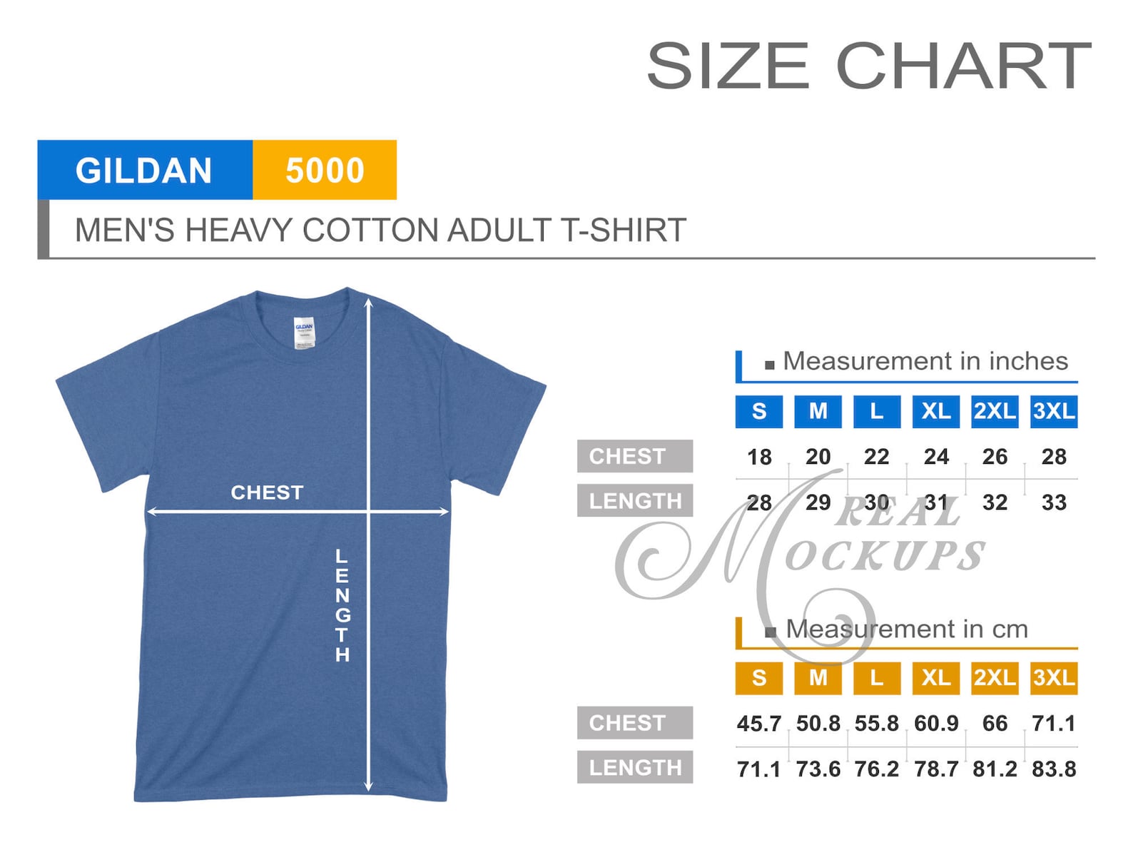 Gildan 5000 Unisex Heavy Cotton Tee Size Chart Gildan Etsy UK