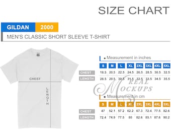 May include: Size chart for a Gildan 2000 men's classic short sleeve t-shirt. The chart shows measurements in inches and centimeters for chest and length in sizes S through 5XL.