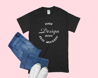 Black Gildan 5000 T-Shirt Mockup | Men's Tee Mock Up | Best Mockup | Flat Lay Mockup Display