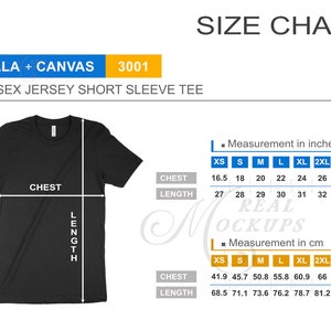 Bella Canvas 3001 Unisex Tee Size Chart - T-Shirt Size Guide