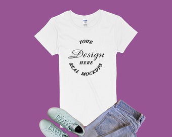 White Gildan 5000L T-Shirt Mockup | Women's T-Shirt Mock Up | Best Mockup | Flat Lay Mockup Display