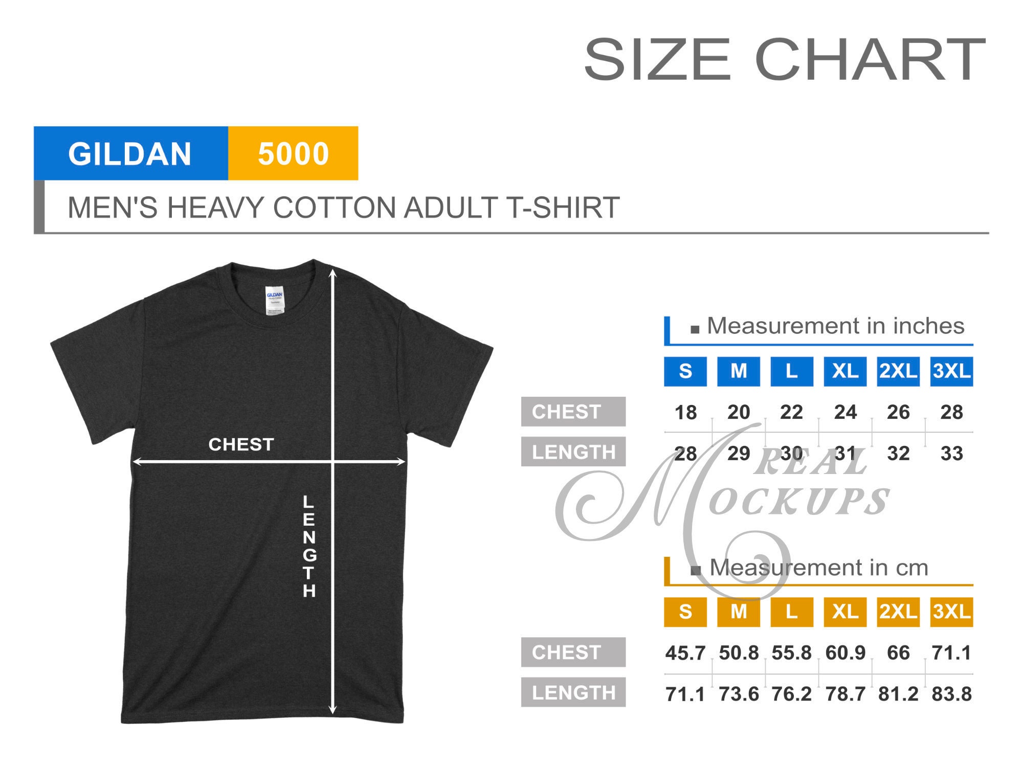 Gildan 5000 Unisex Heavy Cotton Tee Size Chart Gildan - Etsy