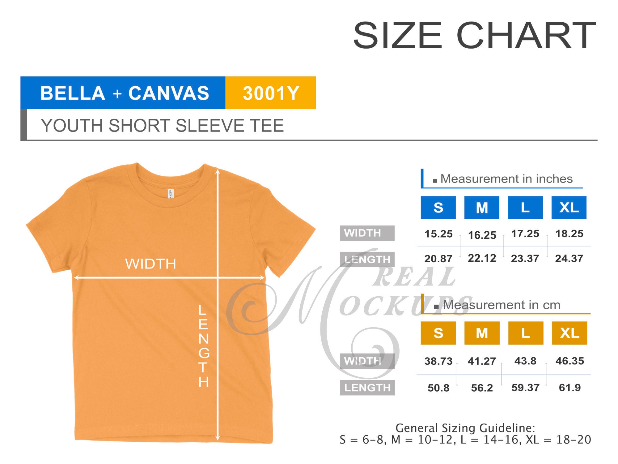 Bella Canvas 3001Y Youth Tee Size Chart Bella Canvas Size | Etsy