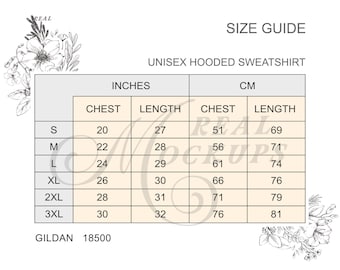 May include: Size chart for a unisex hooded sweatshirt, showing chest and length measurements in inches and centimeters for sizes S through 3XL. The chart also includes the brand name "GILDAN" and the model number "18500".
