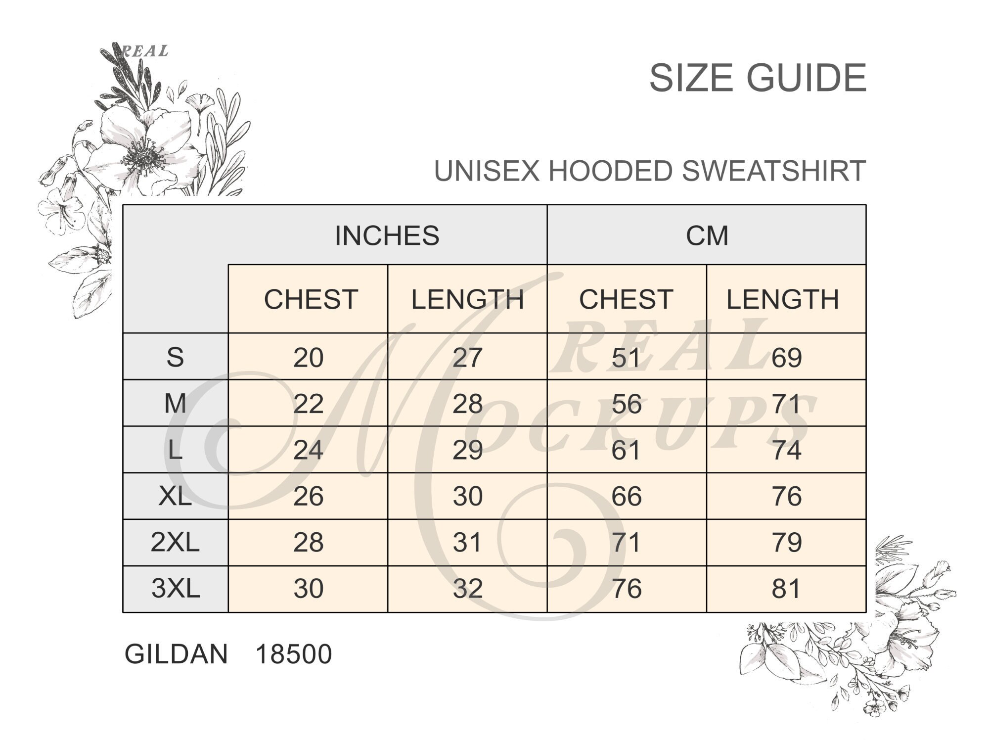 Gildan 18500 Size Chart Unisex Hooded Sweatshirt Size Guide Best Size ...