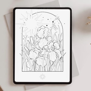 May include: Black and white digital art print on a tablet. The artwork features irises, grass, a sun, and dragonflies within an arch. A sun design is at the bottom. The tablet is on a white surface.
