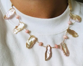 Tiny Pink Opal Gems with Mottled Kauai Puka Shell Necklace