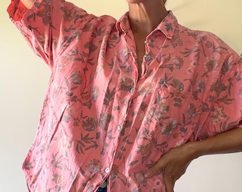 Chemise vintage années 80/90 en coton frais à boutons / Andrew Sports NY / Motif floral corail / Coupe décontractée / Taille L