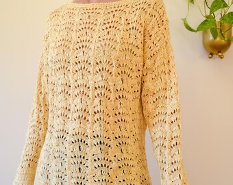 Pull en tricot de dentelle verge d'or vintage / Encolure bateau / Pull en ruban / Semi-transparent / Taille M - Lg