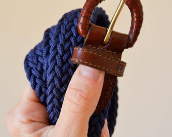 Cinturón vintage trenzado azul marino / Hebilla de cuero / Delgado 2,5 cm de ancho / Estilo minimalista / Talla grande