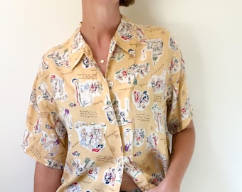 80s Vintage Paris Print Button-Up Shirt / LizWear / Novelty Print Shirt / Collared Short Sleeve / Butter Yellow / Size Small Petite