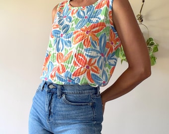 Débardeur vintage années 90 à imprimé floral audacieux / Coupe décontractée / Fentes latérales / Coton / Marque Huntington Ridge / Taille M