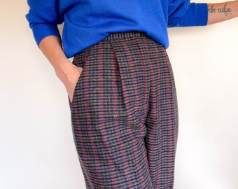 90s Vintage Wool-Blend Tweed Trousers / Gray &  Rainbow / High Rise Pants / Pleated Front / Flat Back / Tapered Leg / Fully Lined / Size 10