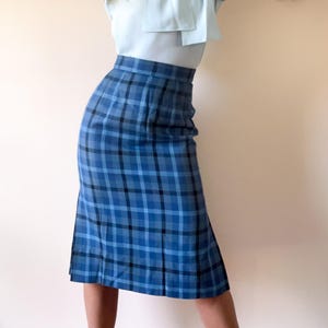 50s Vintage Plaid Wiggle Skirt: High Waisted Blue Black Pencil Skirt - XS