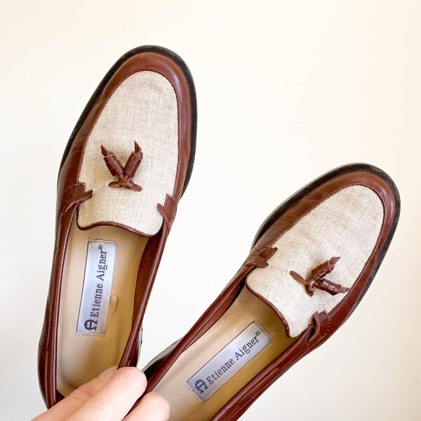 90s vintage ETIENNE AIGNER leather & linen loafers / brown leather / natural linen / penny loafers / rubber sole / size 5.5 US