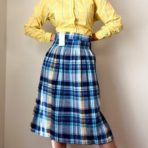 Vintage Deadstock Pleated Wool Skirt / Blue White Yellow Plaid / High Waisted /  50s 60s Vintage / Size 0 - 2