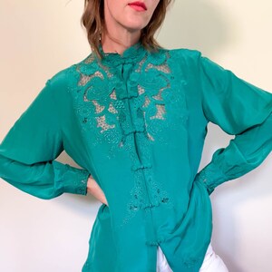 1950s vintage hand-embroidered pure silk blouse / Peony / teal green / handworked in Shanghai / rare vintage / chinese blouse / size medium