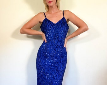 80s Vtg 100% Silk Sequin Gown / Lawrence Kazar / Full Length Evening Gown / Cobalt Blue / Barrel Beads / Wiggle Pencil Dress / Size M Petite