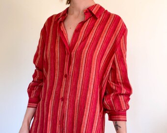 Vintage Striped Linen-Blend Blouse / Joan Leslie / Red Orange Tan / Side Slits / Casual Fit / Oversized / Linen Rayon / Size 10