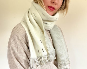 Vintage Minimal Winter Scarf with Fringe / Lloyd's / Two Tone Cream Gray / Super Soft Synthetic / Made in Japan / Fringe Edge Scarf / Eyelet
