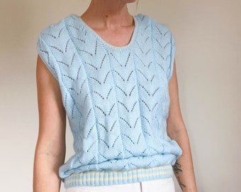 Vintage Blue Wool Sweater Vest / Hand- Knit / Baby Blue Eyelet Knit / V Neckline / Size Medium