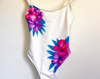 70s Vintage JANTZEN Tropical Floral Swimsuit / One Piece / Blue Pink White / High Cut Leg / Low Back / Hawaiian Print / Size 10 Fits Small